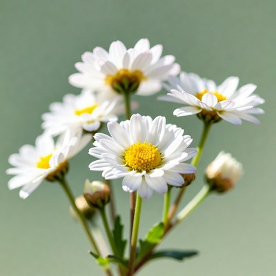 Daisies in soft sunlight on green background