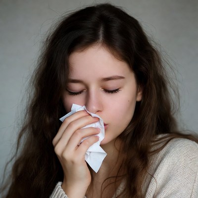 Woman using tissue in indoor setting