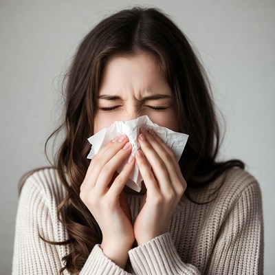 Young woman sneezing into tissue