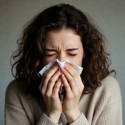Woman sneezing in indoor space