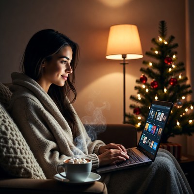 Cozy evening with laptop and hot drink