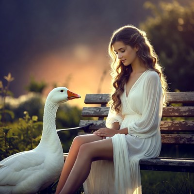 Woman sits with goose at sunset