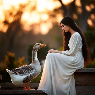 Girl and goose at sunset