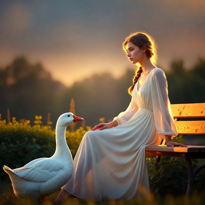 Girl and goose by the bench