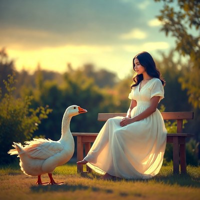 Young woman sits with goose