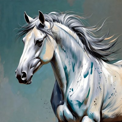 White horse with flowing mane in motion