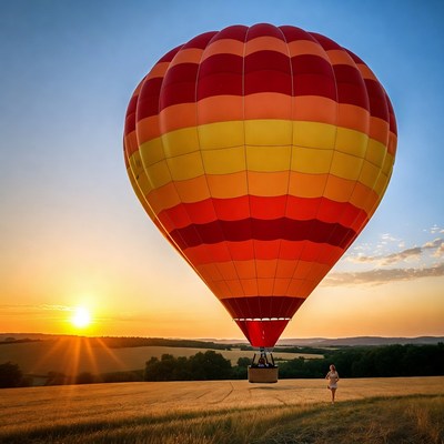 Hot air balloon at sunrise in the field