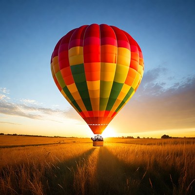 Hot air balloon at sunset in field