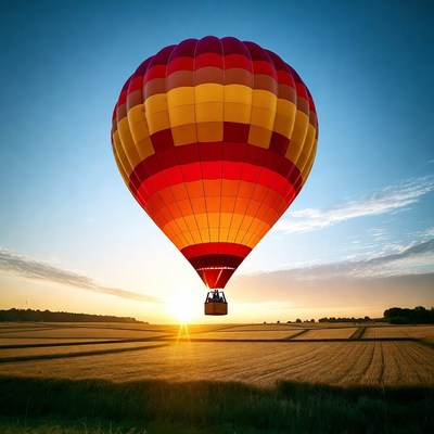 Hot air balloon over fields at sunset