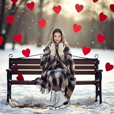 Woman on bench with hearts in winter
