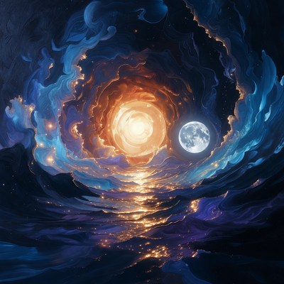 Celestial scene with sun and moon