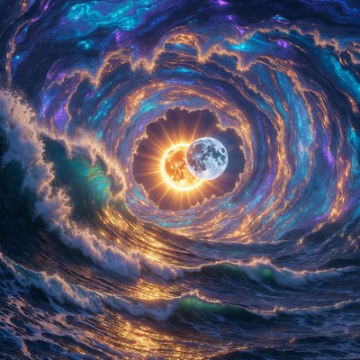 Celestial bodies in swirling waves
