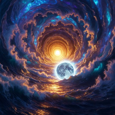 Ocean light with swirling clouds and moon