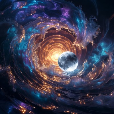 Cosmic swirl with moon at center