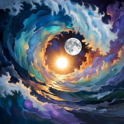 Sun and moon above swirling clouds