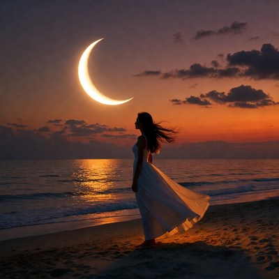 Woman stands on beach at sunset