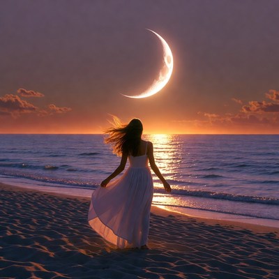 Woman walking on beach at sunset