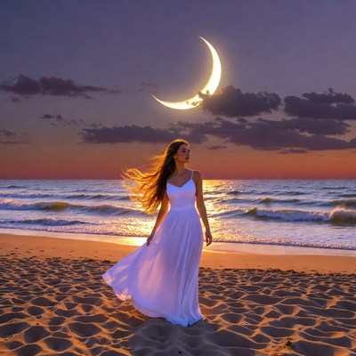 Woman walks on beach at sunset