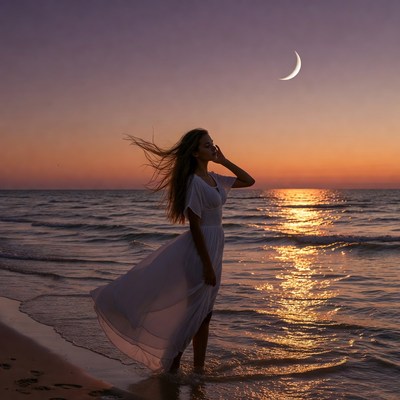 Woman at sunset by the sea