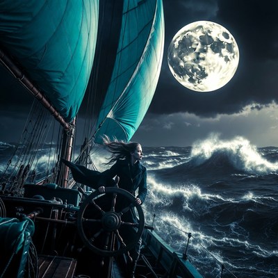 Woman on ship steering through storm