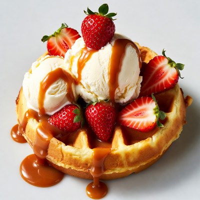 Delicious waffle with ice cream and strawberries