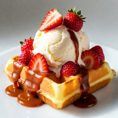 Delicious waffles with ice cream and strawberries