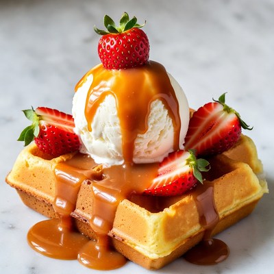 Waffle topped with ice cream and strawberries