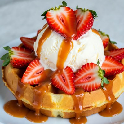 Delicious waffle topped with strawberries
