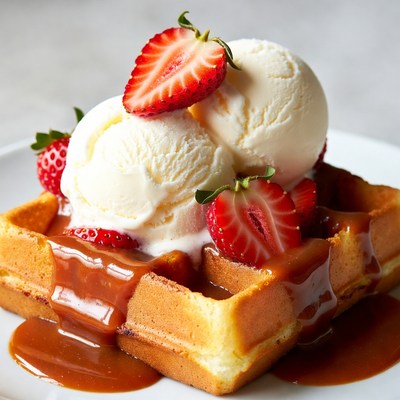 Waffle with ice cream and strawberries