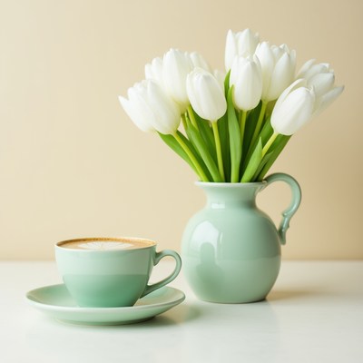 Coffee cup and white tulips on table