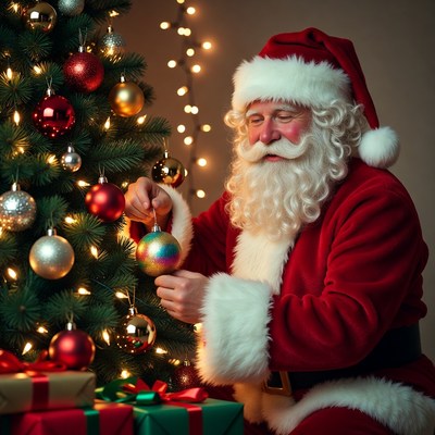 Santa decorating a christmas tree with ornaments
