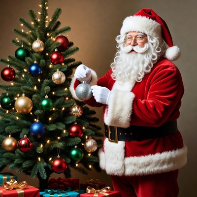 Santa decorating christmas tree indoors