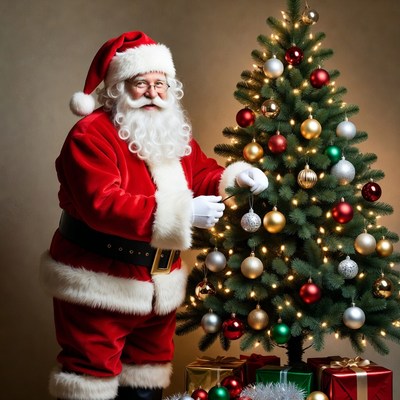 Santa decorating christmas tree indoors