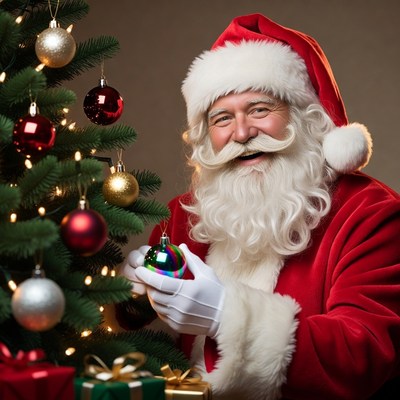 Santa decorating a christmas tree