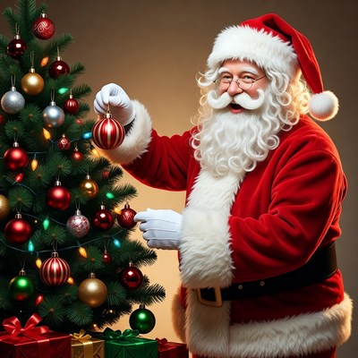 Santa decorating the christmas tree