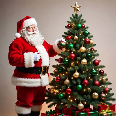 Santa decorating a christmas tree