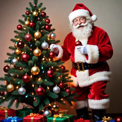 Santa decorating the christmas tree