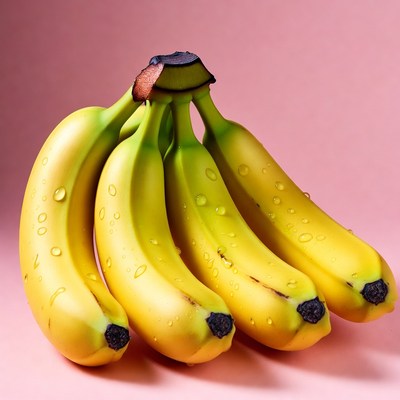 Fresh bananas with water droplets on surface