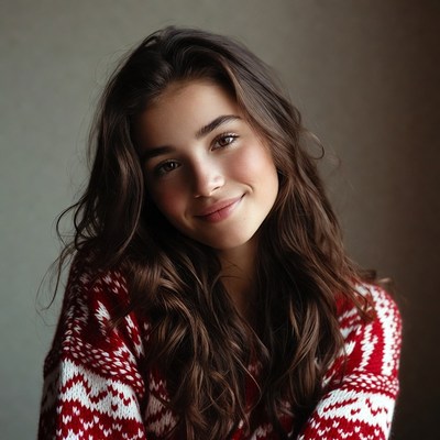 Young woman smiles in cozy sweater