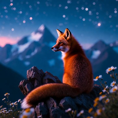Fox sitting on rock at dusk