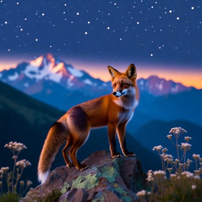 Fox standing on rock at sunset