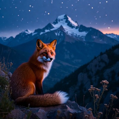 Fox at night in mountain scene