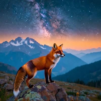 Fox stands on rock at night