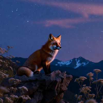 Fox sitting on rock at night