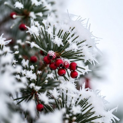 Snow covers pine branches and berries
