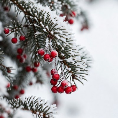 Snowy branches with red berries