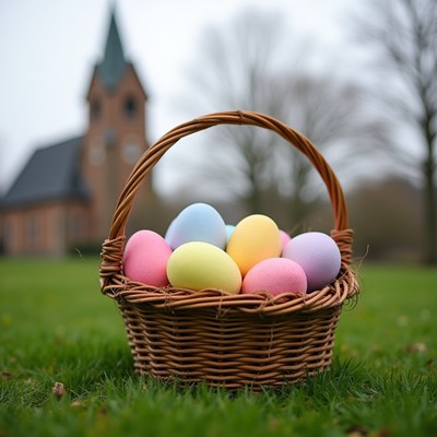 Colorful eggs in a basket on grass