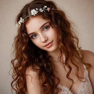 Young woman with curly hair in floral headband