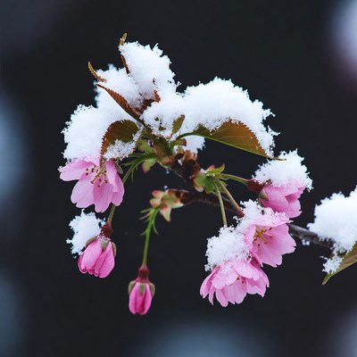 Snow on cherry blossom branch