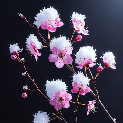 Snow on cherry blossom branch